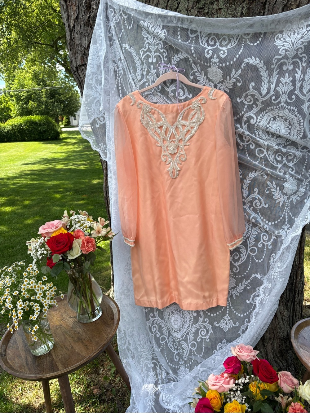 Peach Long-Sleeve Embellished Shift Dress